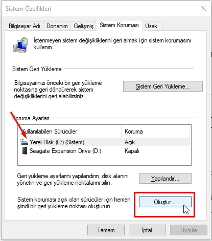Windows 10 da Sistem Geri Yükleme Çalışmıyor Sorunu Düzeltme 7 – geri yukleme noktasi olustur2